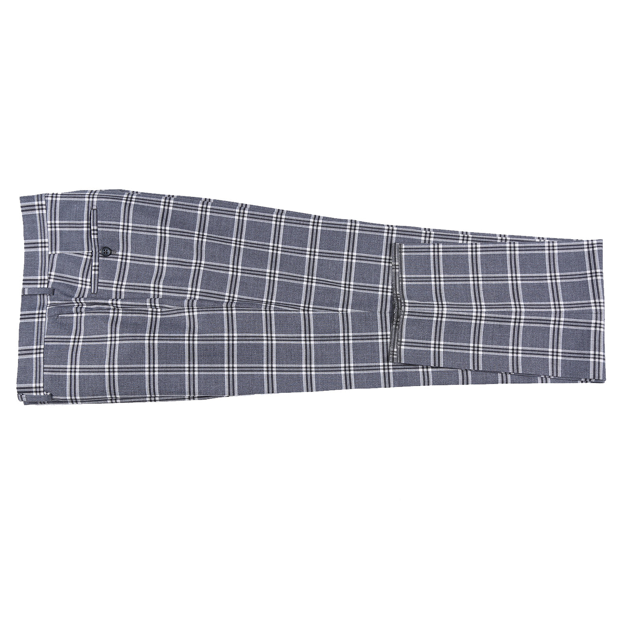 The ENGLISH LAUNDRY Dimgray with White Check Peak Suit 72-60-001 by English Laundry is a slim fit suit jacket in gray plaid, lined with a light blue and white abstract pattern. It features peak lapels, two buttons, and two front pockets.