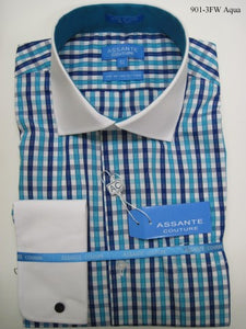 Assante Couture Aqua & Blue Plaid Spread Collar W/ French Cuff (901-3FW) (16.5 4/5)