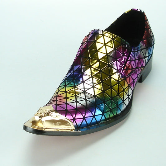 The FI-7077 Multi Color Fiesso by Aurelio Garcia, from the Fiesso brand, showcases a vibrant iridescent geometric design paired with a metallic gold toe cap and comes equipped with a cushioned insole for enhanced comfort.