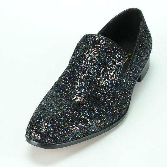 The FI-7078 Black slip-on fashion shoe by Fiesso features a sleek leather upper with a glittery finish and is elegantly displayed on a white background.