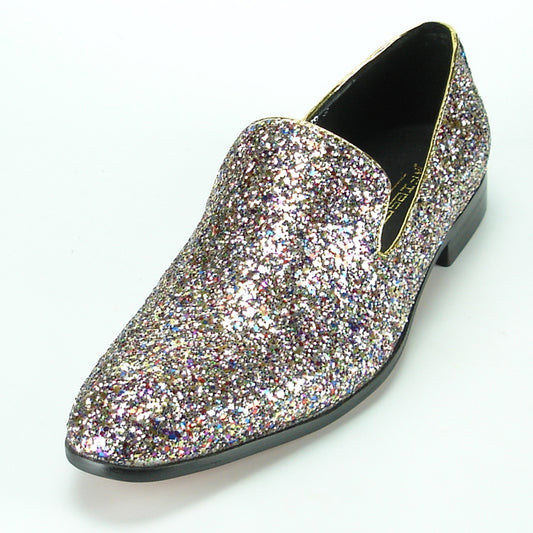 A silver loafer shoe with a pointed toe and low heel, adorned in glitter, is featured against the white background. Part of the Fiesso by Aurelio Garcia collection, the FI-7078 combines elegance and style with easy slip-on leather comfort.