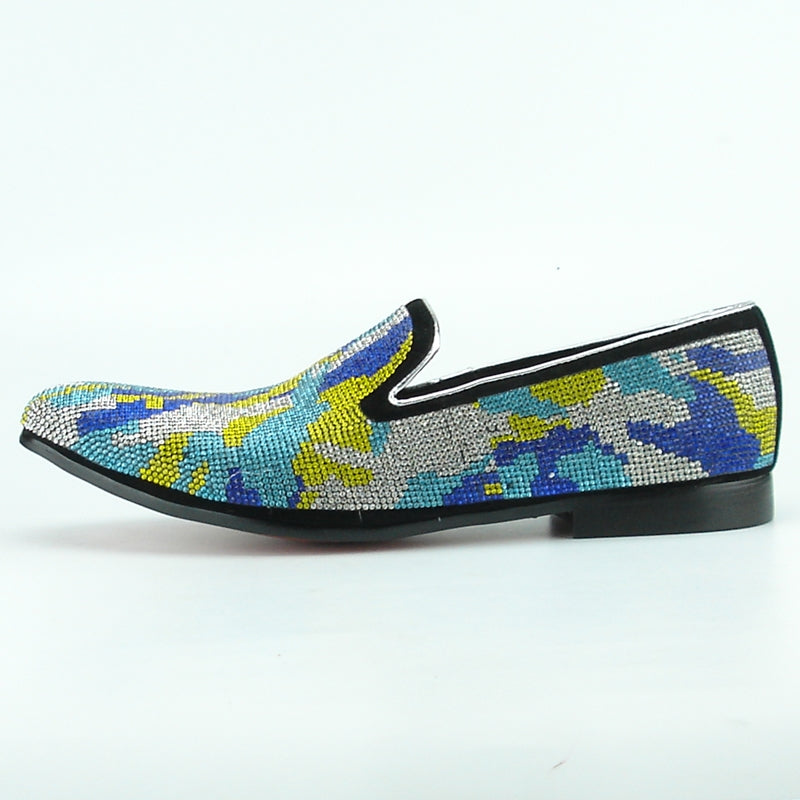 The colorful FI-7096 Blue White Fiesso by Aurelio Garcia shoes showcase a stunning display of blue, yellow, and silver shimmering rhinestones on a light background, complemented by a chic leather upper and cushioned insole to ensure maximum comfort.