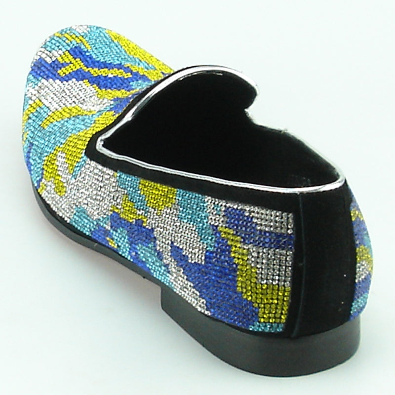 The colorful FI-7096 Blue White Fiesso by Aurelio Garcia shoes showcase a stunning display of blue, yellow, and silver shimmering rhinestones on a light background, complemented by a chic leather upper and cushioned insole to ensure maximum comfort.