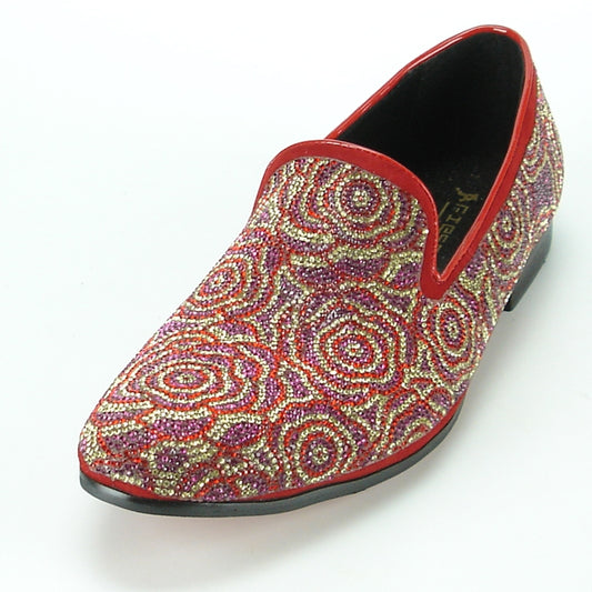 Introducing the FI-7098 Red Fiesso by Aurelio Garcia, a vibrant slip-on leather shoe from Fiesso, adorned with an intricate swirling pattern of red, purple, and gold beading. This design marries style and fashion effortlessly, all while ensuring comfort with its cushioned insole.