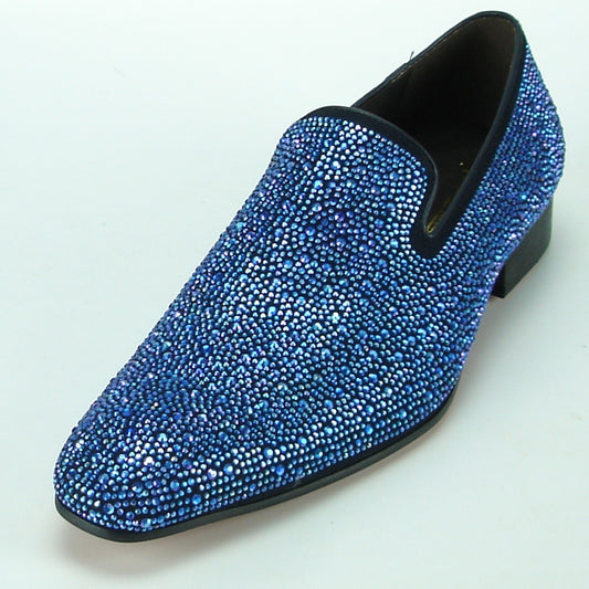 The FI-7101 Blue by Fiesso is a stunning fashion shoe from the Fiesso brand, beautifully embellished with small sparkling rhinestones set against a light background.