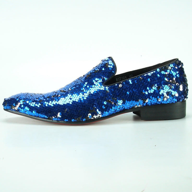 The FI-7102 Blue Sequins slip-on from Fiesso by Aurelio Garcia glistens brilliantly against a clean white background.