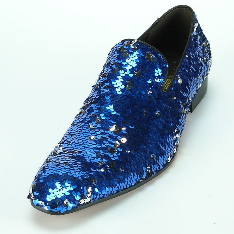 The FI-7102 Blue Sequins slip-on from Fiesso by Aurelio Garcia glistens brilliantly against a clean white background.