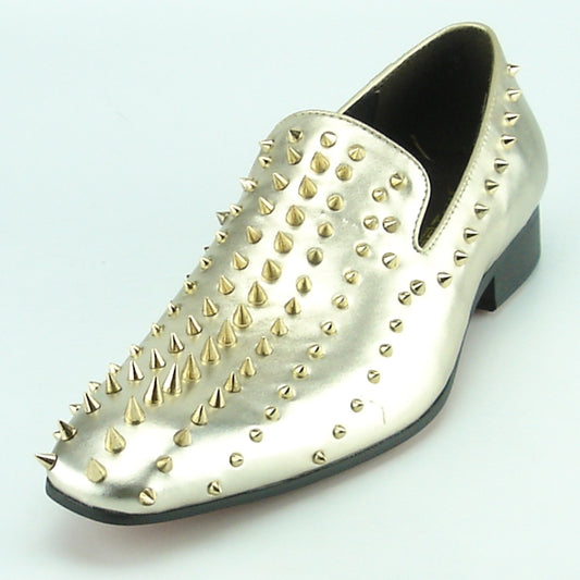 Introducing the FI-7107 Gold Fiesso by Aurelio Garcia: a stylish slip-on fashion shoe from Fiesso, featuring a sleek black heel and metallic spikes embellishing its luxurious leather surface.