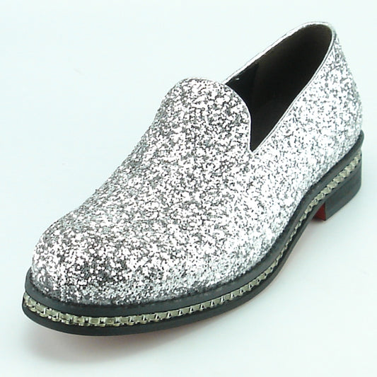 The FI-7118 Silver Fiesso by Aurelio Garcia, a slip-on fashion shoe by Fiesso, features a silver glitter finish with a cushioned insole, black sole, and low heel.