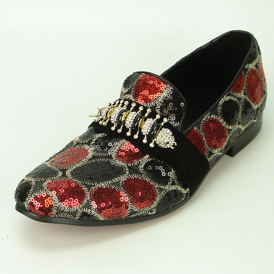 Introducing the FI-7025C Black Red Fiesso by Aurelio Garcia, a stylish slip-on shoe from the Fiesso brand. This shoe features a striking black sole, is decorated with vibrant red, black, and silver sequins, and is finished with an elegant gold embellishment on the front.