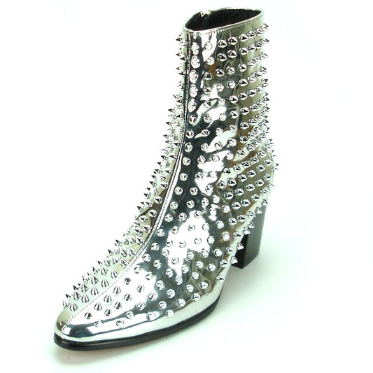 Introducing the FI-7142 Silver Fiesso by Aurelio Garcia, a stunning fashion boot from *Fiesso*. This boot features a leather upper with a pointed toe and high heel, stylishly adorned with gleaming spikes.