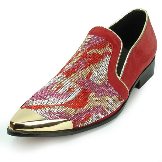 Fashion-forward and effortlessly chic, the FI-7089-2 Red Fiesso by Aurelio Garcia slip-on shoe showcases a striking red and patterned design with a luxurious suede upper. The metallic gold toe and trim infuse elegance, making it the perfect choice for those who desire to stand out in style.