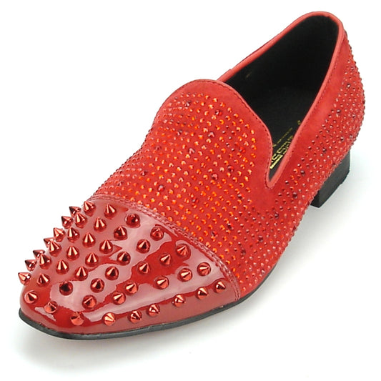 Introducing the FI-7081 Red With Red Spikes from the Fiesso by Aurelio Garcia collection, this slip-on fashion shoe boasts a leather upper adorned with shiny red spikes on the toe and small studs embellishing the entire surface for an edgy aesthetic.