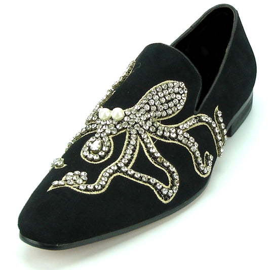 The FI-7194 Black Fiesso by Aurelio Garcia loafer by the brand Fiesso boasts a black suede upper in an elegant slip-on design, adorned with a dazzling, rhinestone-encrusted octopus motif—ideal for those with a taste for unique fashion.