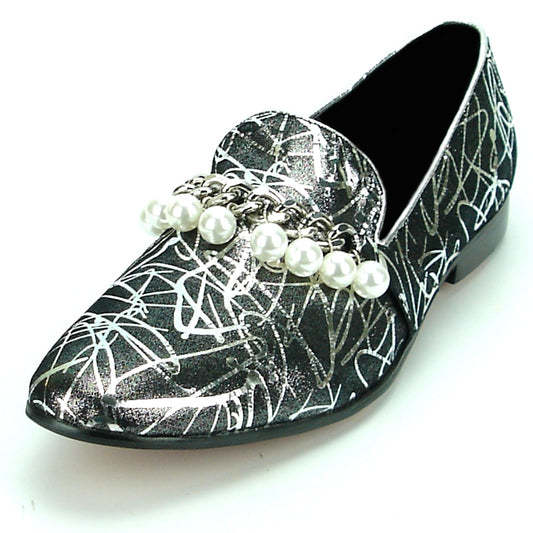 The FI-7215 Silver Fiesso by Aurelio Garcia Shoes from the Fiesso brand boast a chic design with black and white leather, a pointed toe, abstract patterns, and a stylish decorative chain with pearls across the top, capturing the refined elegance of slip-on loafers.