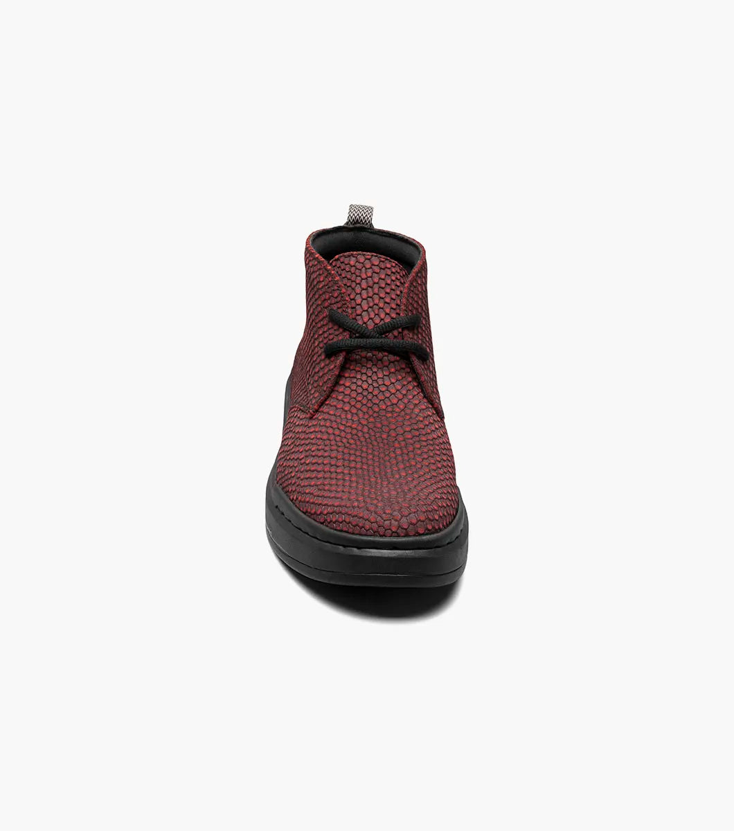 Stacy Adams - CAI Plain Toe Chukka Boot in red, featuring black laces and a wedge sole, with a white and black pull tab at the back.