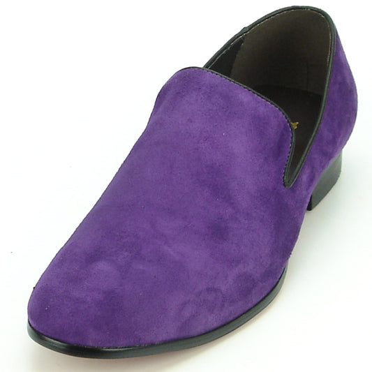 The FI-7216 Purple Suede slip-on loafer from Fiesso by Aurelio Garcia features a sleek black sole and brings a touch of elegance to any ensemble.