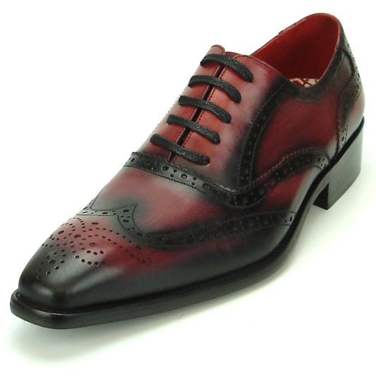 The FI-8710 Burgundy Wing Tip Encore by Fiesso is a polished oxford fashion shoe with a striking red and black gradient design, intricate broguing details, a leather upper, black laces, a cushioned insole, and a low heel.