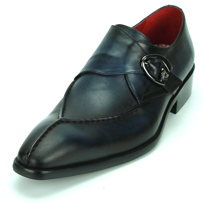 The FI-8712 Black Encore by Fiesso is a black leather fashion shoe featuring a pointed toe, a decorative buckle on the side, and a cushioned insole designed for all-day comfort.