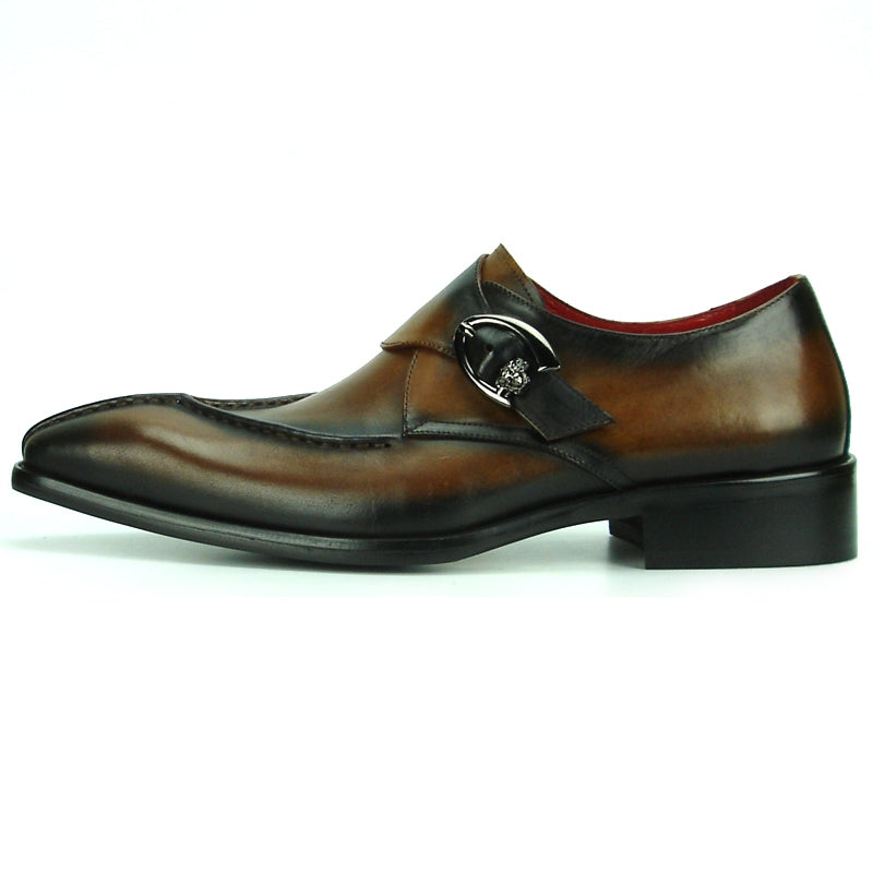 The FI-8712 Coffee Encore by Fiesso leather dress shoe, featuring a stylish design and a decorative side buckle, comes in brown and black.