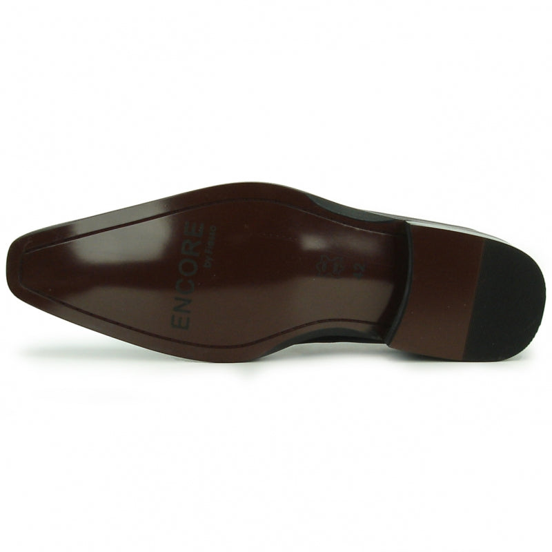 The FI-8712 Coffee Encore by Fiesso leather dress shoe, featuring a stylish design and a decorative side buckle, comes in brown and black.