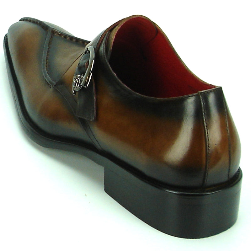 The FI-8712 Coffee Encore by Fiesso leather dress shoe, featuring a stylish design and a decorative side buckle, comes in brown and black.