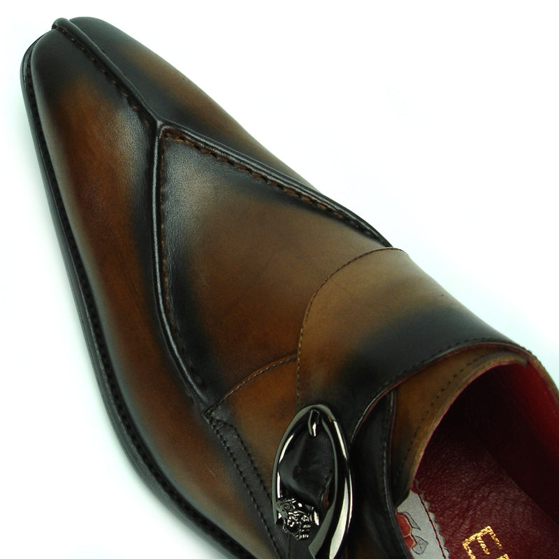 The FI-8712 Coffee Encore by Fiesso leather dress shoe, featuring a stylish design and a decorative side buckle, comes in brown and black.