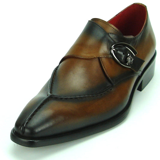 The FI-8712 Coffee Encore by Fiesso leather dress shoe, featuring a stylish design and a decorative side buckle, comes in brown and black.