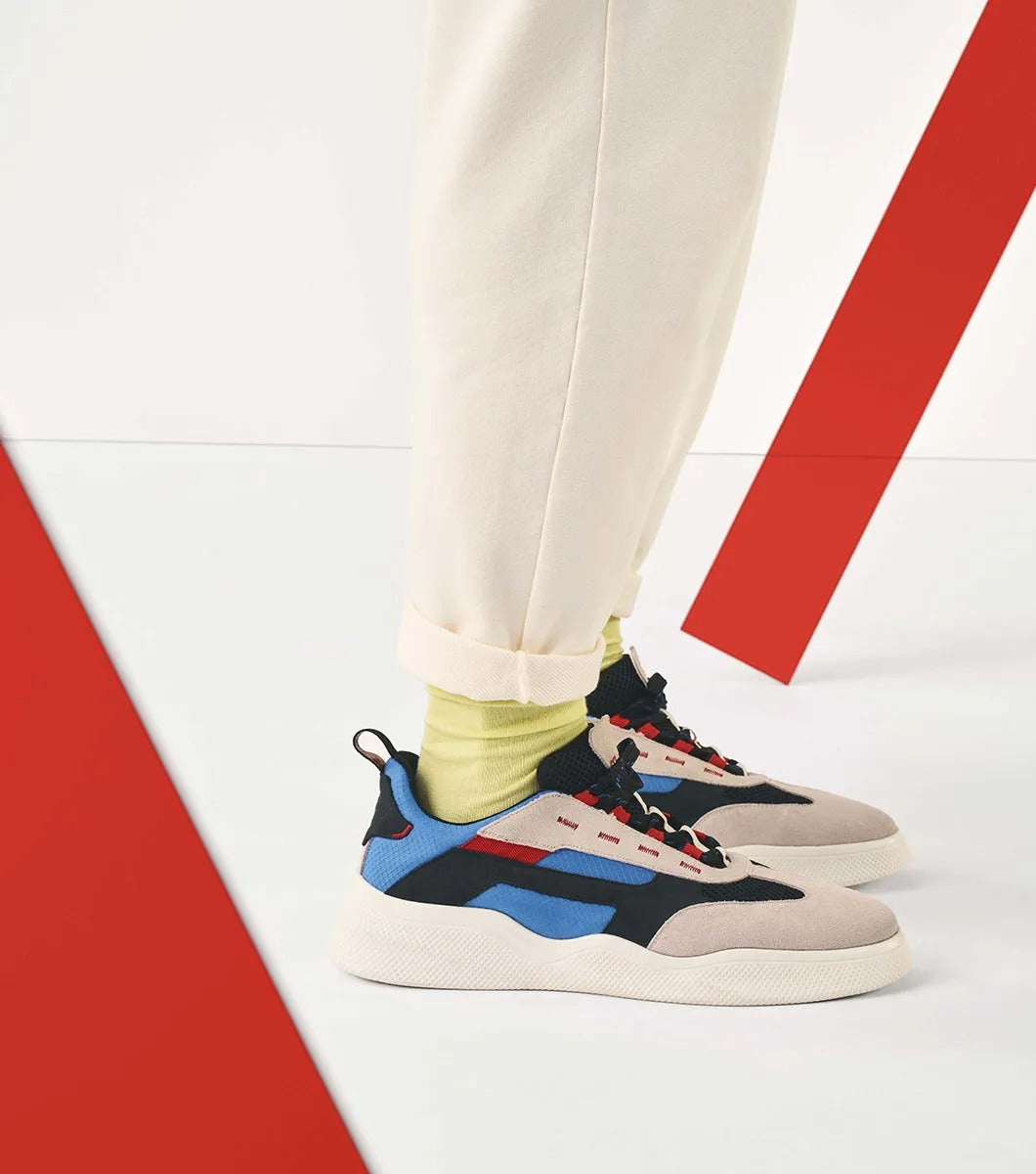 The Stacy Adams Ventura T-Toe Lace Up Sneaker in Chalk Blue Multi (25514-129) from STACY ADAMS boasts a woven black upper with mesh detailing and beige, black, blue, and red accents, along with a white RedZone Footbed.