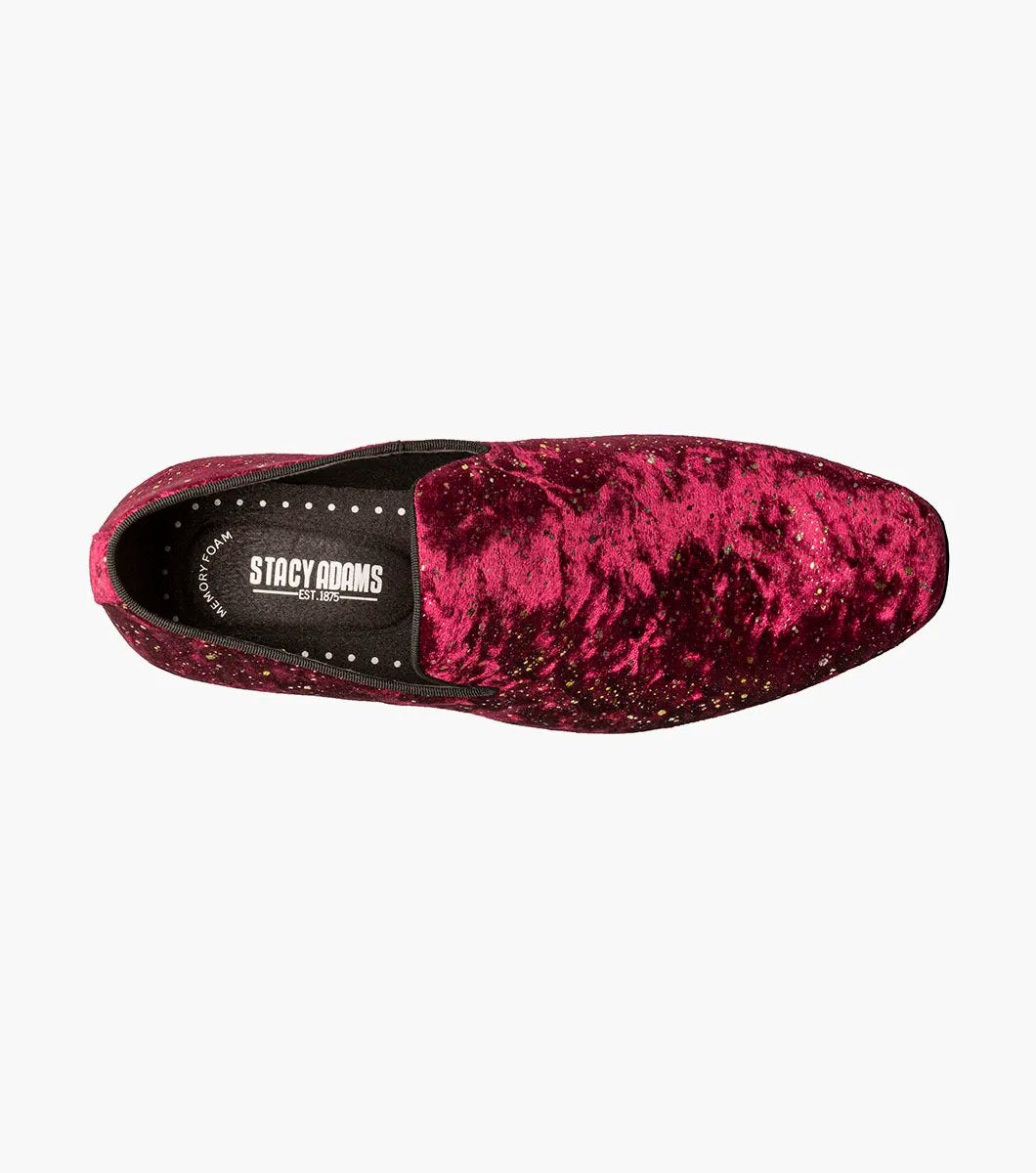 The Stacy Adams STELLAR Plain Toe Glitter Slip On in burgundy features glitter velour specks, a black sole, and memory foam cushioning for enhanced comfort.