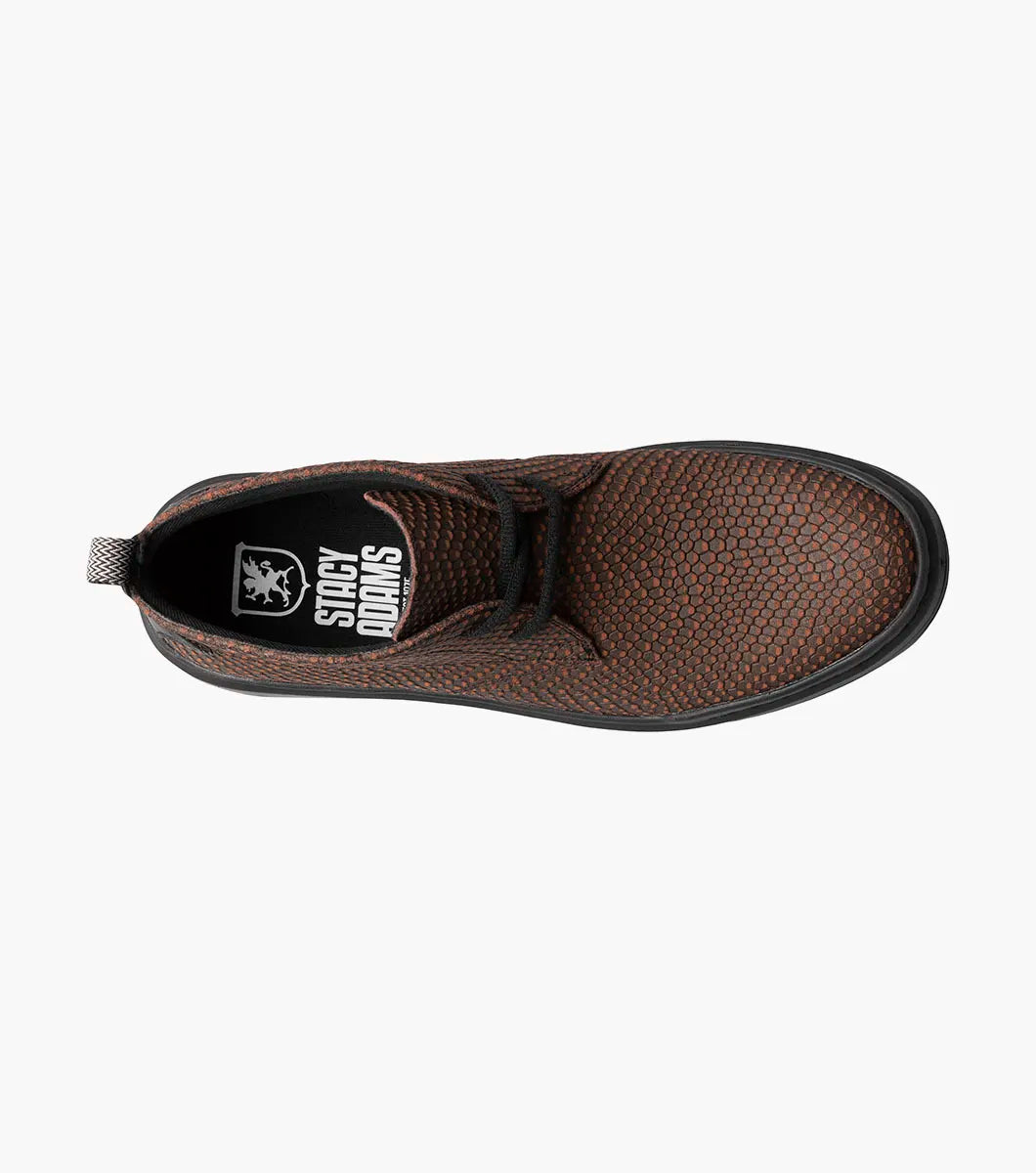 Stacy Adams - CAI Plain Toe Chukka Boot in brown, product code 25566-200, showcases a textured design with a black sole and is photographed on a white background. The boot includes a cushioned insole for enhanced comfort.