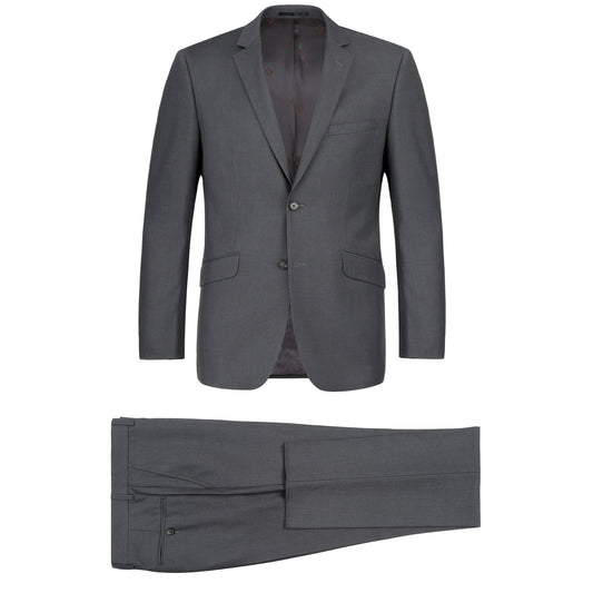 Introducing the Alessandro Vitello by Renoir, a stylish men's suit designed with a gray two-piece slim fit that includes a notch lapel blazer and matching trousers, ensuring lightweight comfort.