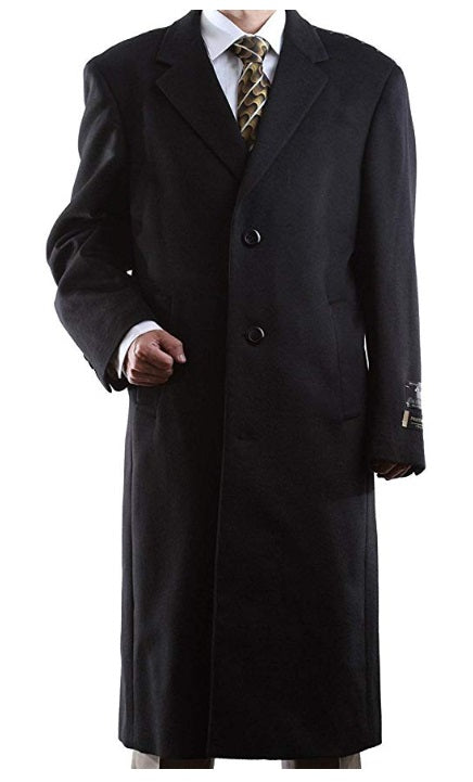 Prontomoda Men's Single Breasted Luxury Wool/Cashmere Full Length Topcoat BLACK