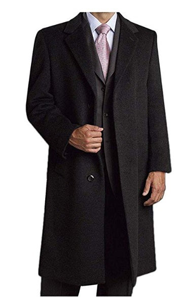 A person wearing a San Malone Prontomoda Men's Single Breasted Luxury Wool/Cashmere Full Length Topcoat in Charcoal, designed with a button front closure, over a suit and tie.