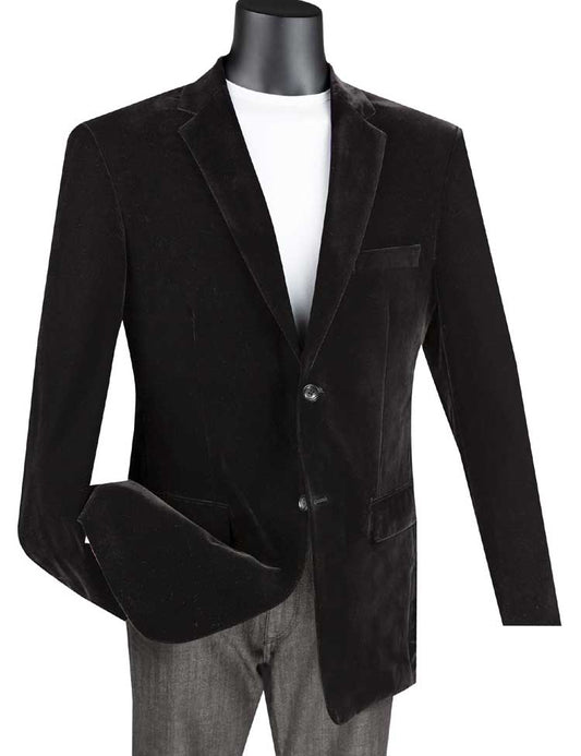 A mannequin showcases the Vinci Velvet Regular Fit Fashion Jacket (Black) B-27 by Vinci Suits, featuring a stylish notch lapel, paired over a plain white t-shirt and regular fit gray pants.