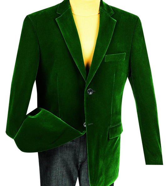 Vinci Velvet Regular Fit Fashion Jacket (Emerald) B-27 by Vinci Suits displayed on a yellow mannequin with black buttons, paired with dark pants.