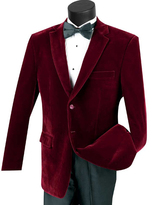 The mannequin is dressed in a Vinci Suits' stylish Vinci Velvet Regular Fit Fashion Jacket in wine, beautifully paired with a crisp white shirt and classic black bow tie.