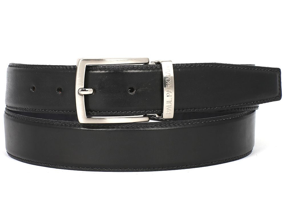 Paul Parkman presents the Leather Belt Hand-Painted Black - B01-BLK, crafted from black Italian calfskin leather with a silver buckle and visible holes, elegantly displayed on a white background. This made-to-order accessory exemplifies exquisite craftsmanship and premium quality in every aspect.