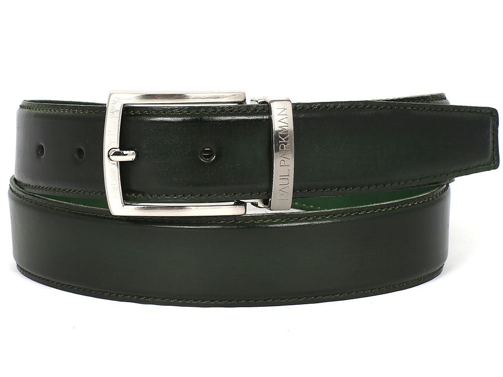 A customized leather belt in dark green hand-painted finish, featuring a silver buckle embossed with "PAUL PARKMAN," showcases exquisite craftsmanship and elegance. Made from genuine calfskin leather, this Paul Parkman Leather Belt (B01-DARK-GRN) is an ideal accessory for those who value artistry and sophistication.