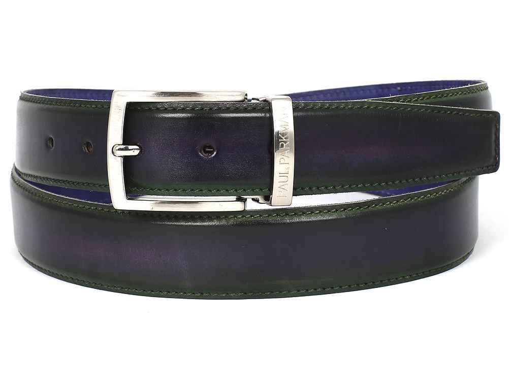 A Paul Parkman Leather Belt Dual Tone Green & Purple - B01-GRN-PURP, creatively crafted from Italian genuine calfskin with a silver buckle, is coiled in a loop.