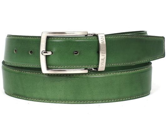 The Paul Parkman Leather Belt Hand-Painted Green (B01-LGRN) showcases genuine calfskin leather and features a silver metal buckle with "Paul Parkman" elegantly engraved on the keeper, exuding sophistication and personalized style.