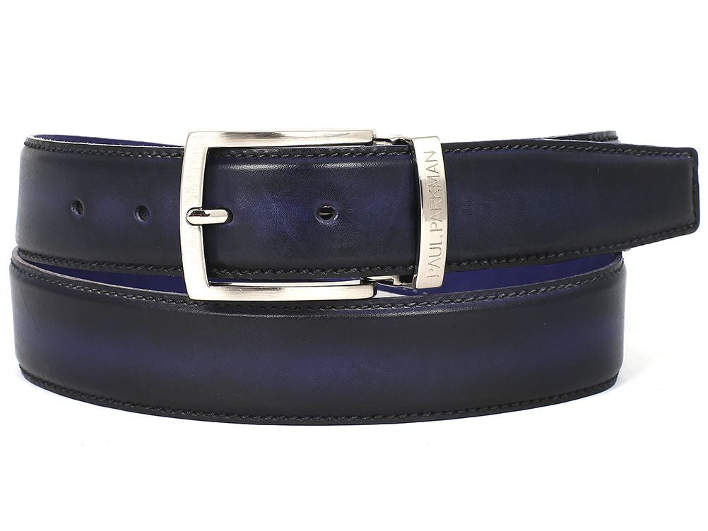 The Paul Parkman Leather Belt Dual Tone Navy & Blue - B01-NVY-BLU features a dark blue dual tone design with hand-painted Italian calfskin leather, visible stitching, and a silver buckle.