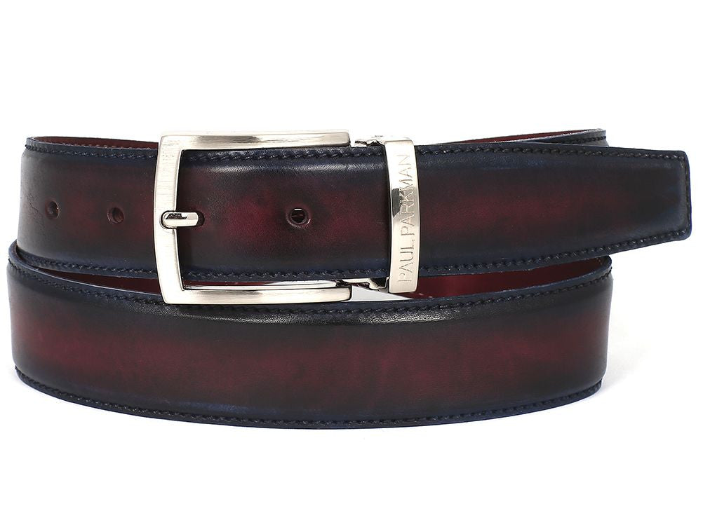 A dual-tone navy and bordeaux hand-painted belt crafted from Italian calfskin leather, featuring a shiny silver buckle and engraved text. This product is from the Paul Parkman brand, named the Paul Parkman Leather Belt Dual Tone Navy & Bordeaux - B01-NVY-BRD.