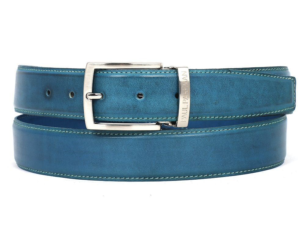 A Paul Parkman hand-painted sky blue leather belt featuring a silver buckle.