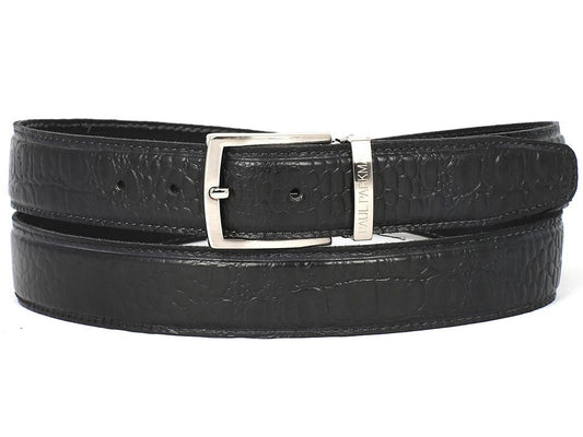 This Paul Parkman belt, named the "Paul Parkman Crocodile Embossed Calfskin Leather Belt Hand-Painted Black - B02-BLK," boasts black textured leather with a crocodile skin appearance, enhanced by a polished silver buckle and a discreet metal tag. Expertly designed to complement your Paul Parkman Shoes for an effortlessly stylish ensemble.