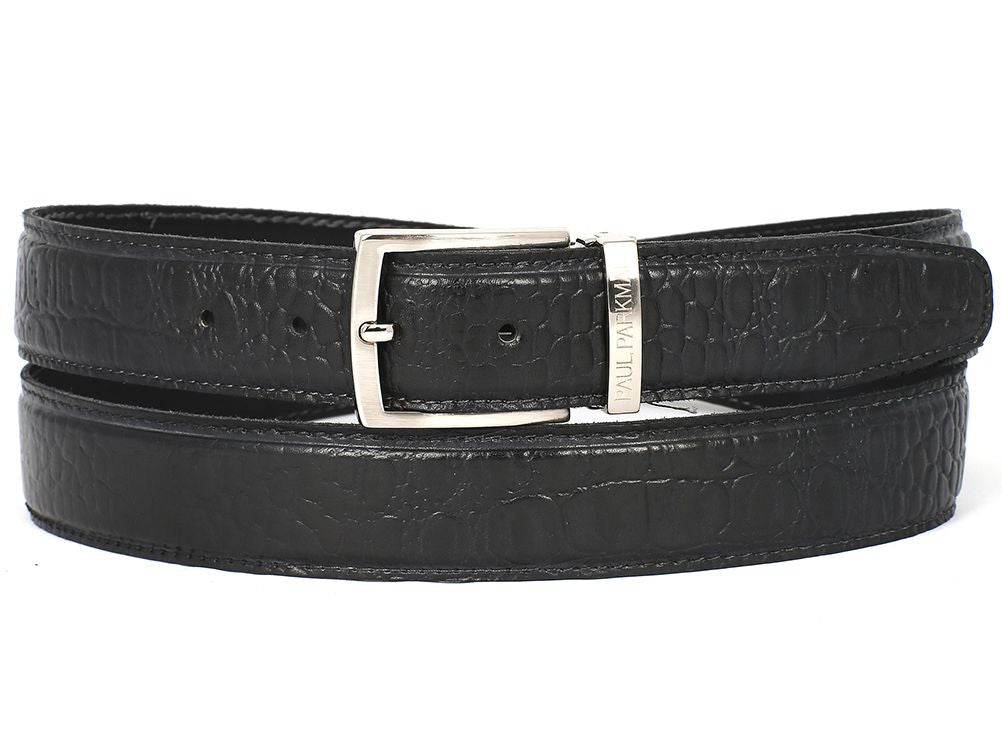 Paul Parkman Crocodile Embossed Calfskin Leather Belt Hand-Painted Black - B02-BLK