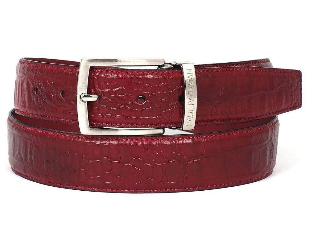 Introducing the Paul Parkman Croc Embossed Calfskin Belt in Burgundy, featuring a crocodile-texture finish and a silver buckle, expertly crafted to perfection.