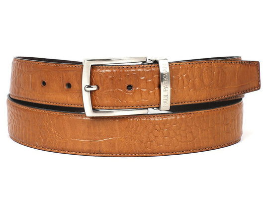 The Paul Parkman Croc Embossed Calfskin Belt in Camel, featuring a silver buckle, is expertly hand-painted to achieve a unique finish.