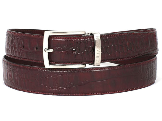 A dark bordeaux, hand-painted belt with a crocodile embossed calfskin finish and a silver buckle, proudly displaying the Paul Parkman brand name.