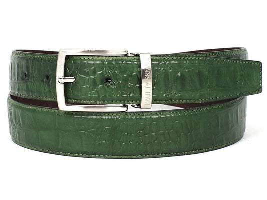 The Paul Parkman Crocodile Embossed Calfskin Leather Belt, Hand-Painted Green (B02-GRN) showcases a sleek green finish on crocodile-textured leather. Its elegant silver buckle is intricately engraved, enhancing the luxurious style synonymous with Paul Parkman.